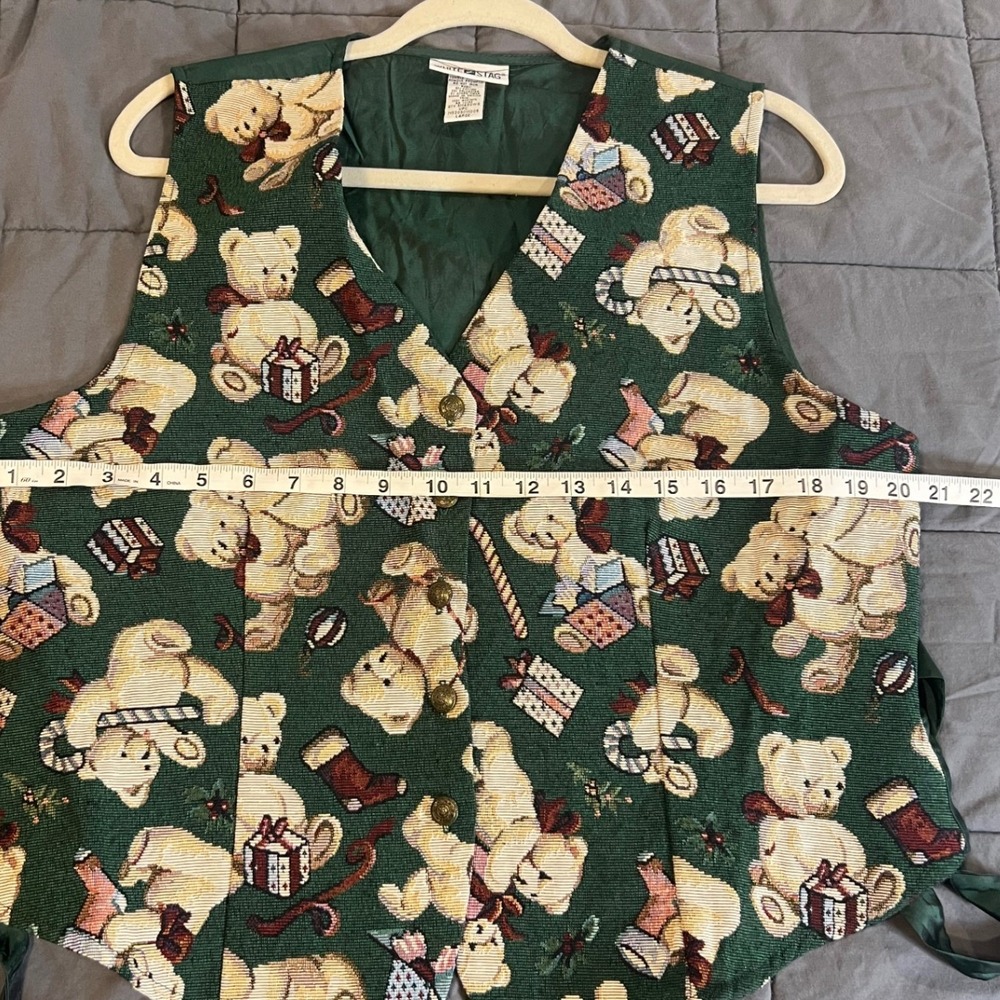 Vintage 90s Teddy Bear Tapestry Vest Green Christmas Cottagecore Grannycore LRG - Picture 4 of 6